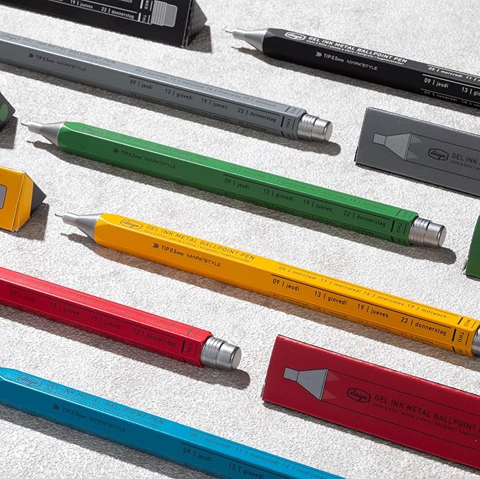 MARK'STYLE days, Gel Ink Metal Ballpoint Pen - 0.5mm Retractable Black Ink, Retro styling Light Weigh Pen, Made in Japan- Perfect for School, Office, and Journaling (Red)