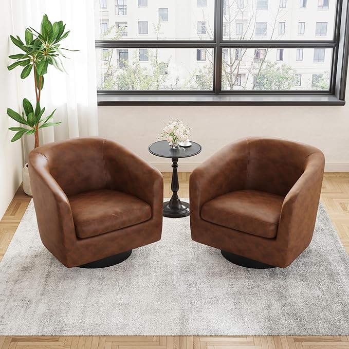 UIXE Faux Leather Swivel Accent Chairs Set of 2, Modern Upholstered Barrel Chairs for Living Room, Comfy Round Armchair Single Sofa Bedroom Reading Seat - 31" W, Coffee