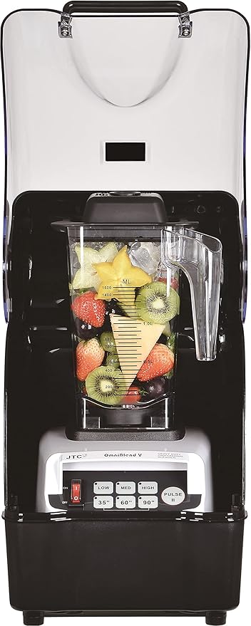 OmniBlend Omni-Q Commercial Blender with Full Sound Enclosure Shield, Quiet Heavy Duty 3-Speed, Self-Cleaning, Includes Multifunctional 2-in-1 Wet Dry Blades, 1.5 Liter Jar (White)