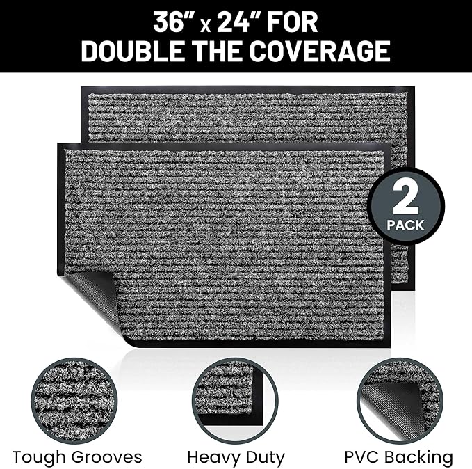 Sierra Concepts Front Door Mat Welcome Floor Mats - Entryway Indoor Outdoor Entrance Doormat, Patio, Porch, Muddy Shoe, Inside Outside Low Profile, Large 36x24 inches, 2-Pack Gray
