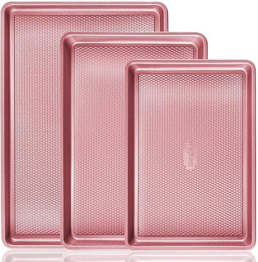 HONGBAKE Baking Sheet Pan Set, Cookie Sheets for Oven, Nonstick Half/Quarter/Jelly Roll Pans with Diamond Texture Pattern, Heavy Duty Cookie Tray, Pink