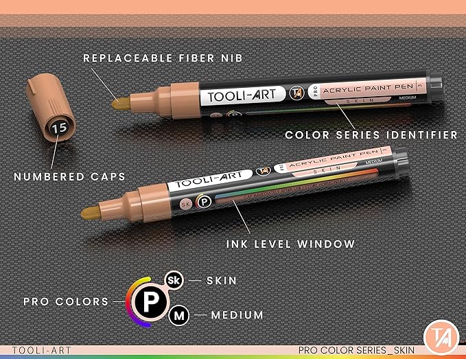 TOOLI-ART 22 Acrylic Paint Markers Paint Pens Pro Color Series Set 3mm Medium Tip for Rock Painting, Glass, Mugs, Wood, Metal, Glass Paint, Canvas, DIY. Non Toxic, Waterbased, Quick Drying (SKIN)