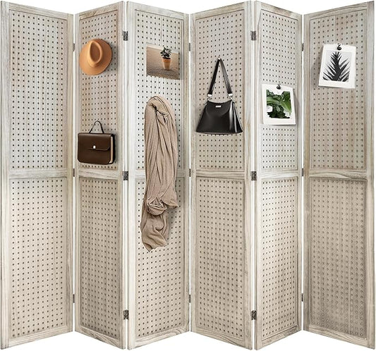 NicBex Room Divider 6 Panel Pegboard Display 5.6FT Wood PegBoard Room Dividers, Folding Privacy Screens Portable Display Board Wall Divider for Craft/Art Shows, Room Separation, Natural Wood
