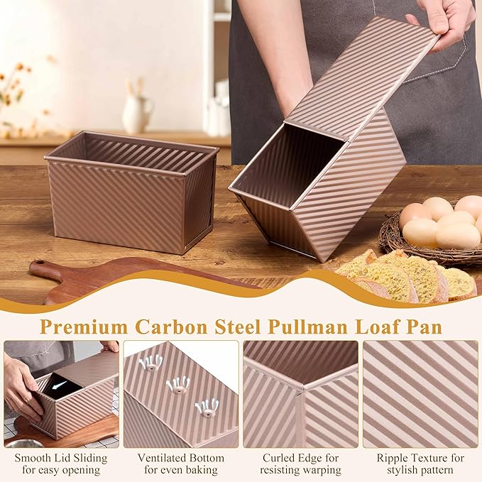 LIANYU Pullman Loaf Pan with Lid, 1 LB Dough Capacity Nonstick Bread Baking Loaf Pan, Carbon Steel Corrugated Bread Toast Box Tin for Homemade Sandwich, Rose Gold