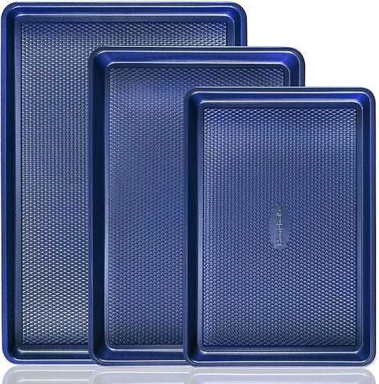 HONGBAKE Baking Sheet Pan Set, Cookie Sheets for Oven, Nonstick Half/Quarter/Jelly Roll Pans with Diamond Texture Pattern, Heavy Duty Cookie Tray, Dark Blue