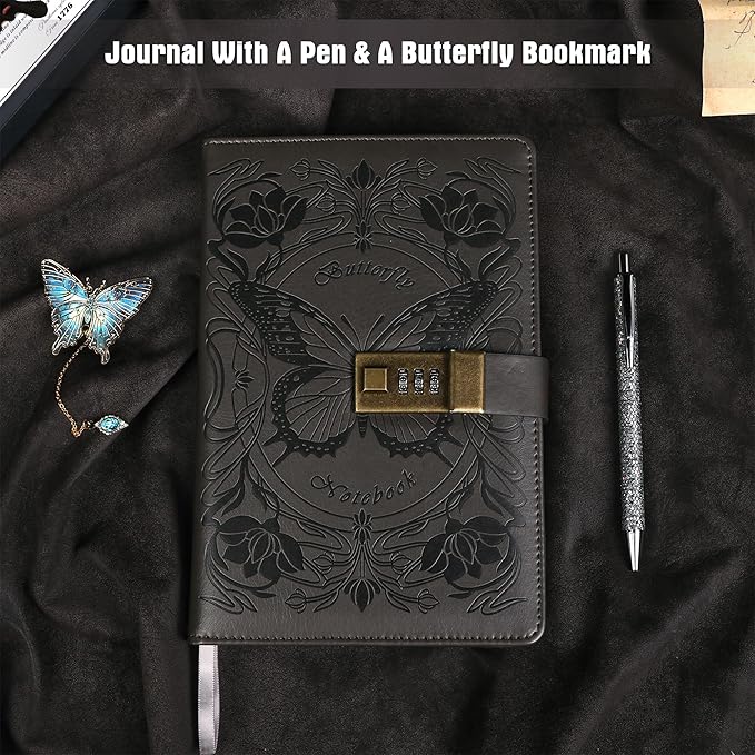 TIEFOSSI Diary with Lock for Women Girls, Lined Locked Journal, Butterfly Journal Notebook with Pen and Bookmark, A5 Refillable Locking Journals for Writing, 224 Numbered Pages
