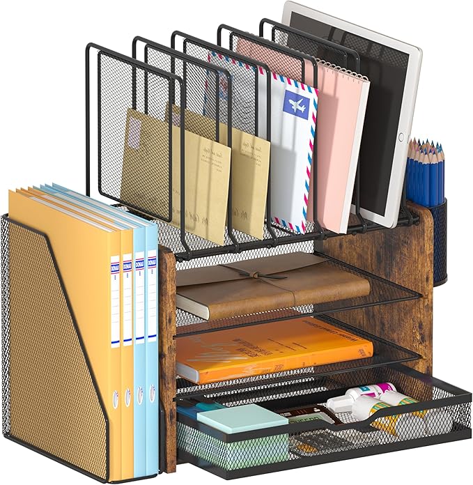 Piskyet Desk Organizer and Accessories, Wooden Desk File Organizer with Drawer,5 Vertical File Holders and 2 Pen Holders,Fancy Desktop Storage for Home Office