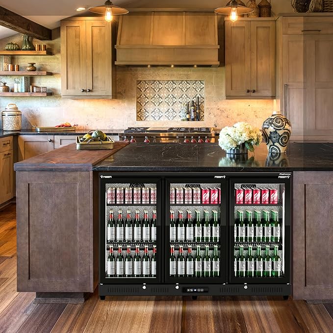 54 inch 318-can Triple Hinged Door Back Bar Cooler, 10.42 cu. ft. Under Counter Glass Door Bar Fridge with hinged doors, lockable, 32-50°F Beverage Refrigerator, ETL Certified, Black