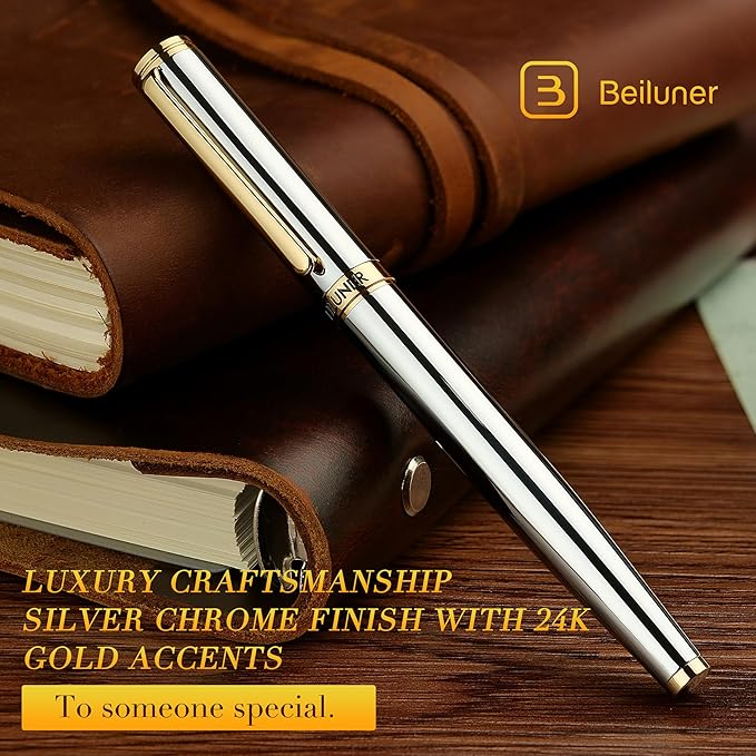 BEILUNER Silver Chrome Fountain Pen,Stunning Luxury Pens with 24K Gold Accents, Gorgeous 24K Gilded Nib(Fine), Ink Converter,Fancy Pen Gift for Men&Women-Elegant, Office, Reliable,Nice for Writing