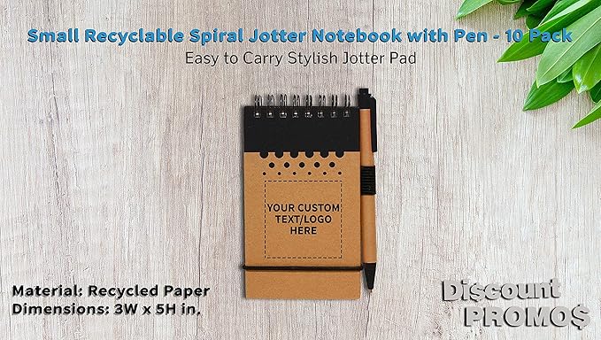 DISCOUNT PROMOS 10 Recyclable Spiral Small Notebooks Pack - Customizable Text, Logo - 60 Lined Pages - Black
