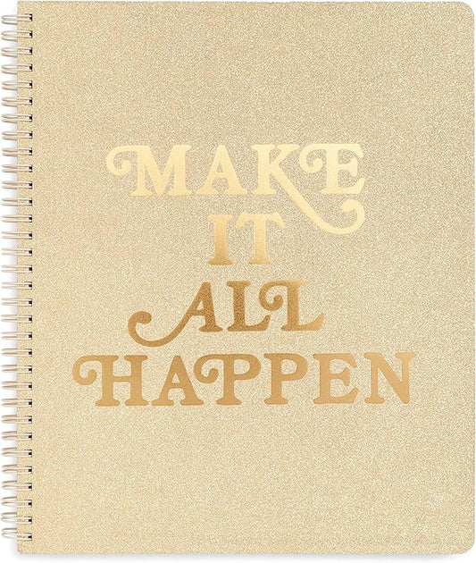 ban.do Rough Draft Large Spiral Notebook with Saying, 11" x 9" with Pockets and 160 College Ruled Pages, Make It All Happen (gold glitter)
