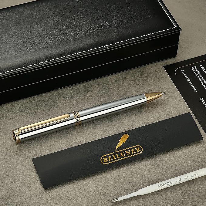 BEILUNER Silver Gold Gel Pen - Luxury Featuring sophisticated chrome finishes, with 24K Gold Accents, Best Pen Gift Set for Men & Women, Business Signature, Executive, Office Retractable Pens