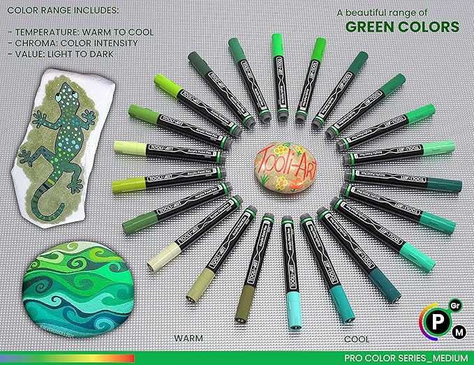 TOOLI-ART 22 Acrylic Paint Markers Paint Pens Pro Color Series Set 3mm Medium Tip for Rock Painting, Glass, Mugs, Wood, Metal, Glass Paint, Canvas, DIY. Non Toxic, Waterbased, Quick Drying (GREENS)
