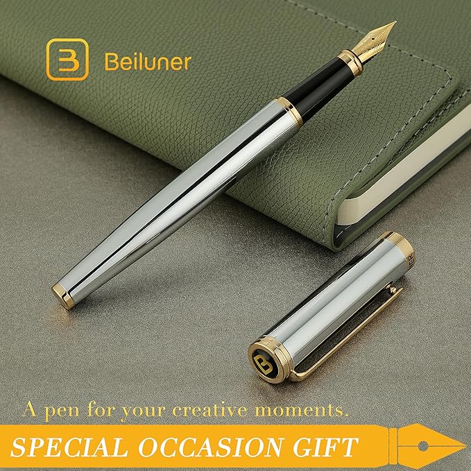 BEILUNER Silver Chrome Fountain Pen,Stunning Luxury Pens with 24K Gold Accents, Gorgeous 24K Gilded Nib(Fine), Ink Converter,Fancy Pen Gift for Men&Women-Elegant, Office, Reliable,Nice for Writing