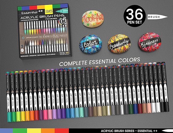 36 Flexible Brush Tip Acrylic Paint Pens Markers Set 1-7mm Line for Rock Painting, Brush Lettering, Scrapbooking, Glass, Mugs, Wood, Metal, Canvas, Fabric, Plastic. Non Toxic Waterbased Quick Drying