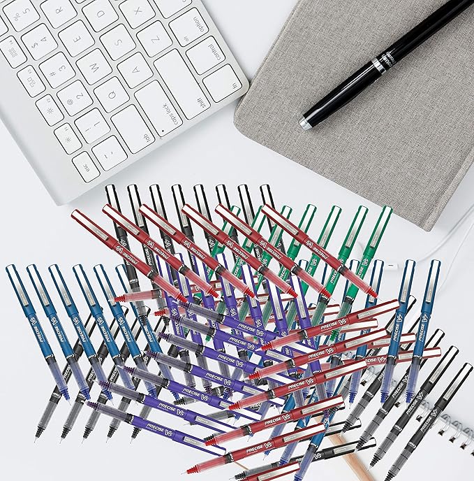 Precise V7 Stick Rolling Ball Pens, Fine Point (.7mm), Blue Ink, 6-pk; Bundle with Plastic Reusable Pouch