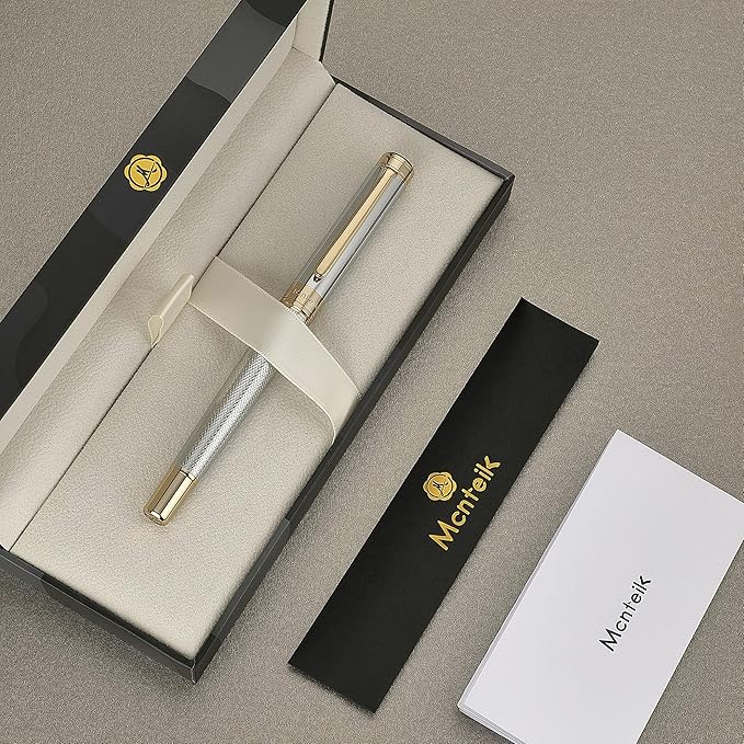 Silver Chrome Rollerball Pen, Stunning Luxury Pen with Mesh Texture Design、Silver Chrome Finish and 24K Gold Accents, Nice Gift Set for Men & Women, Business, Executive, Office, Fancy Pens