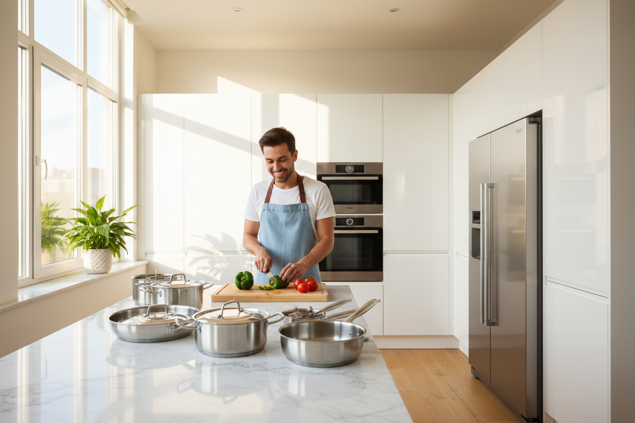 Bright, modern kitchen with cookware neatly arranged on a counter, natural light streaming in, and a home cook smiling while preparing food.