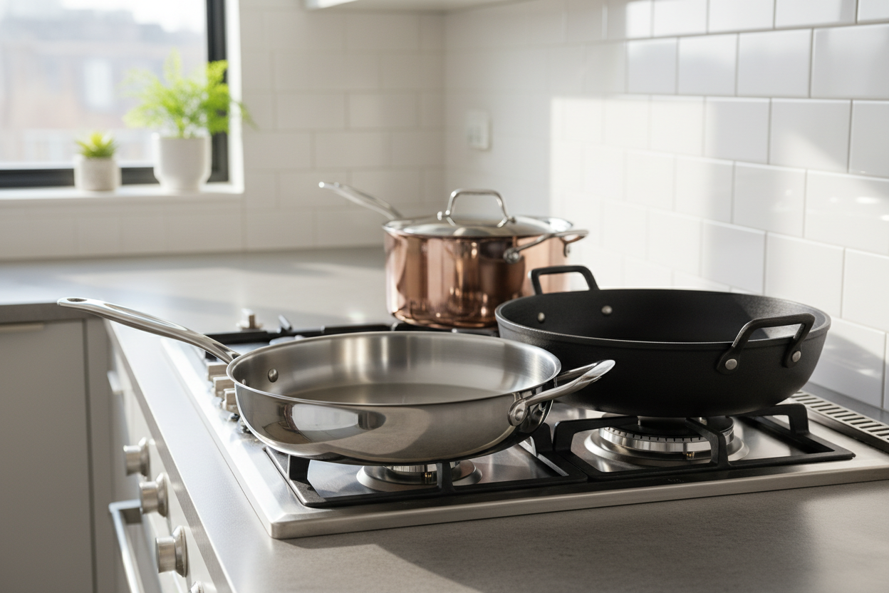 Close-up of a skillet, saucepan, and sauté pan on a stovetop with natural lighting.