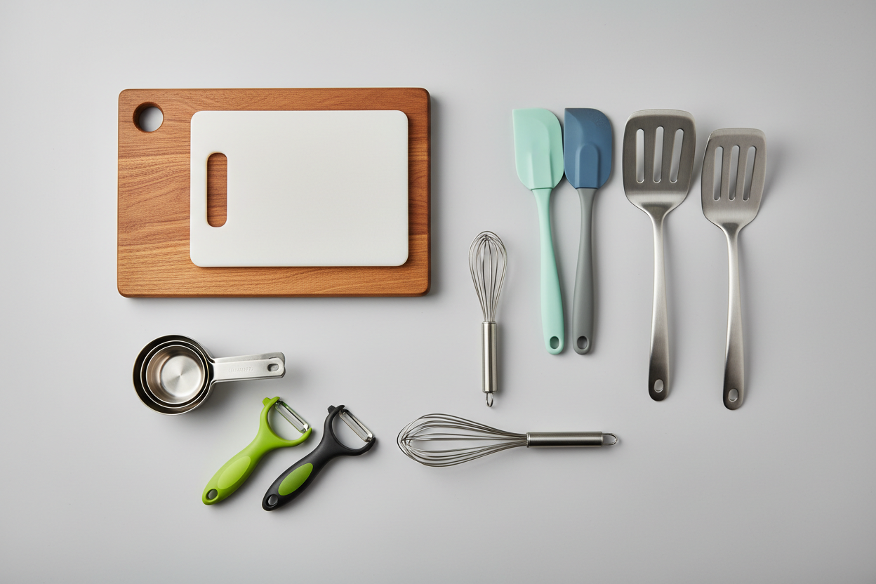 Flat-lay of kitchen utensils: spatulas, whisks, peelers, cutting boards, and measuring cups.