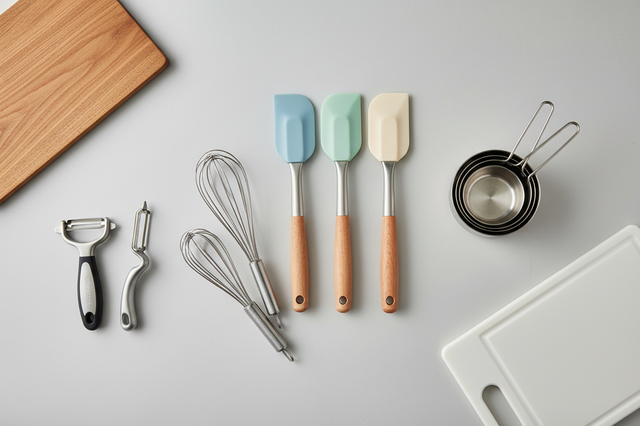 Flat-lay of utensils: spatulas, whisks, peelers, measuring cups, and cutting boards.