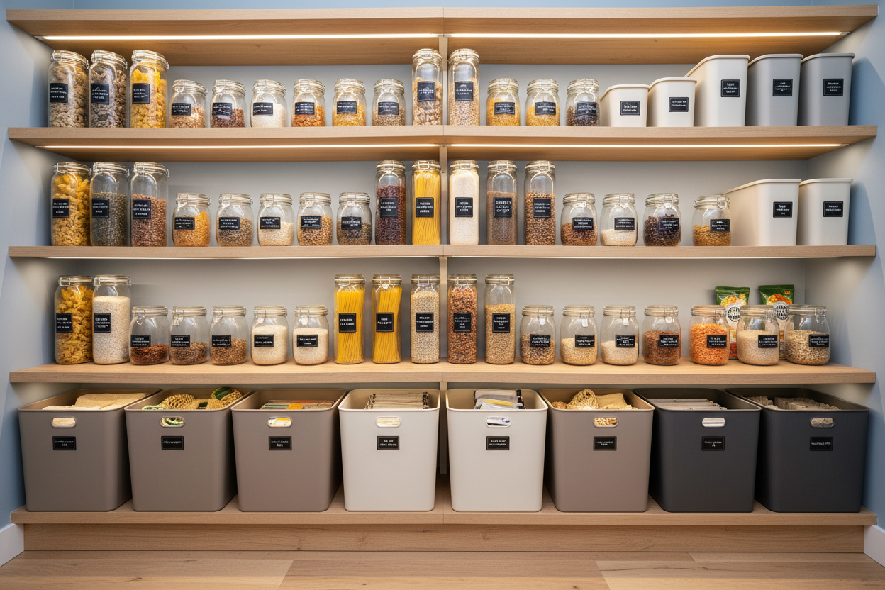 Pantry shelves with neatly organized jars, containers, and stackable bins.